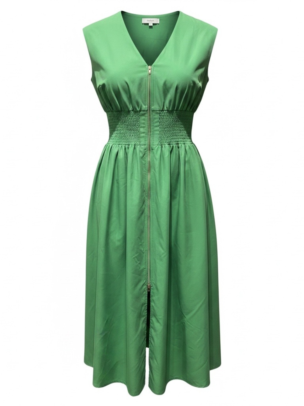 Entro Green Sleeveless Gold Zip-Front Midi Dress With Pockets Smocked Waist